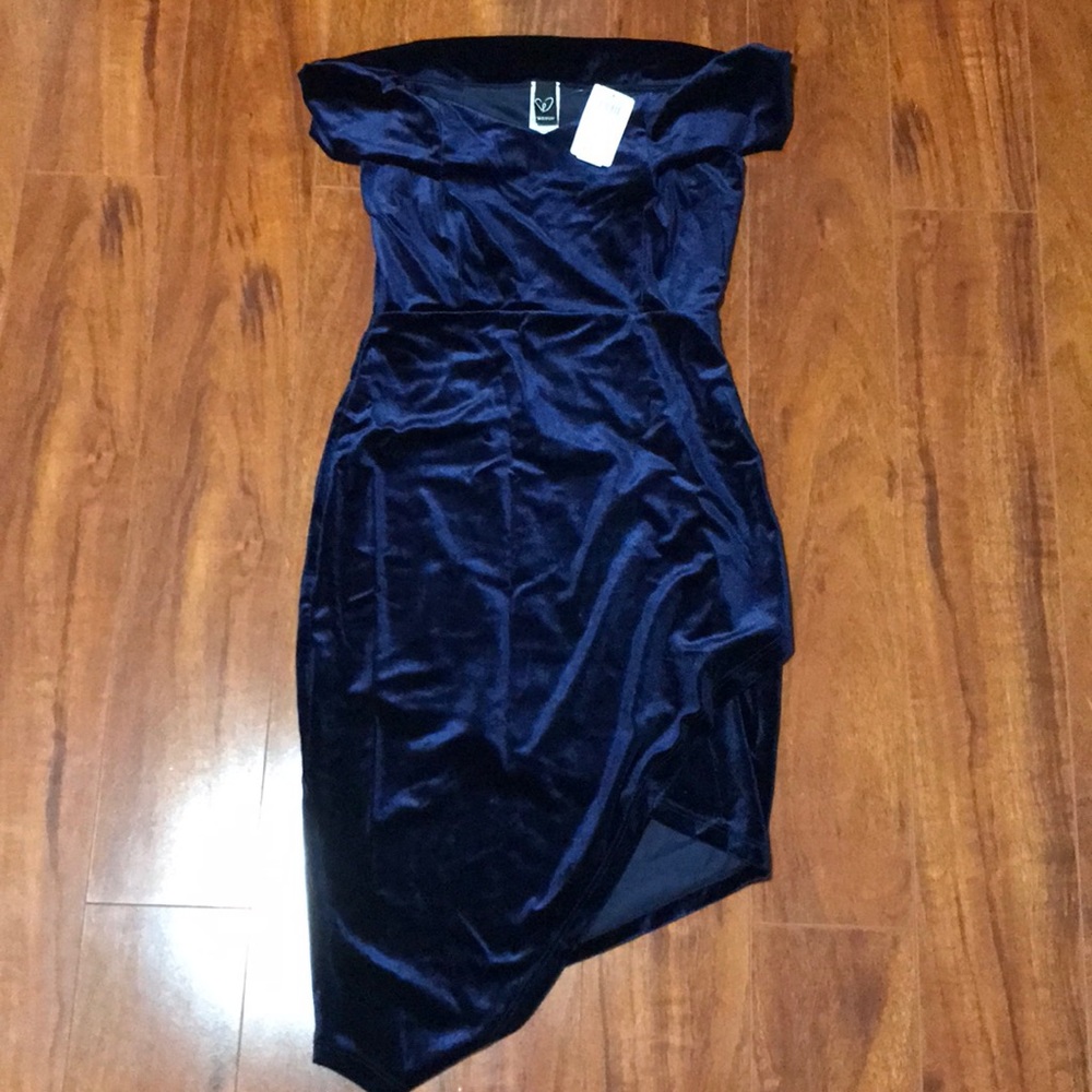 Off the shoulder velvety blue dress